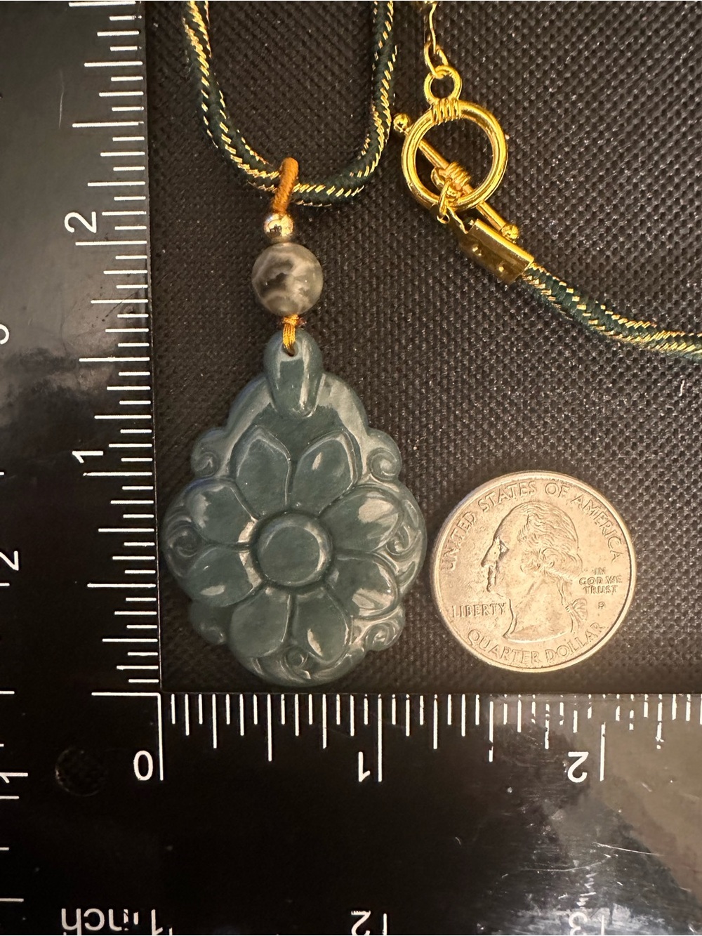 Green Jade Flower Pendant Necklace with Ocean Jasper on Green and Gold Rope - Picture 10 of 11